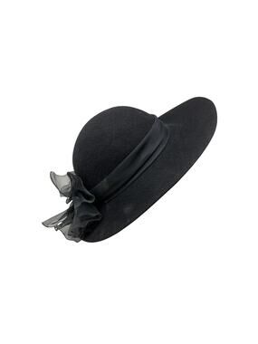 Arlin Black Wool Wide Brim Hat Vintage 1950s Bow Trim Made in USA